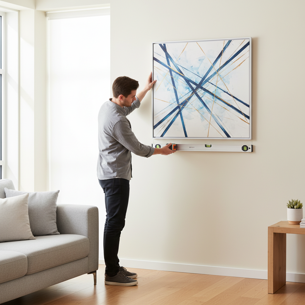Measuring and leveling a picture frame on a living room wall
