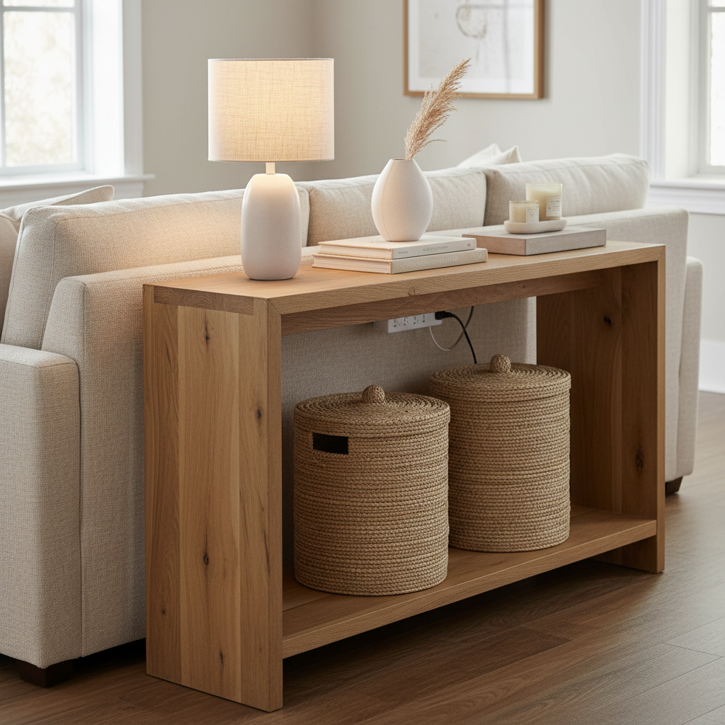 Behind-the-sofa console table with baskets and hidden charging setup