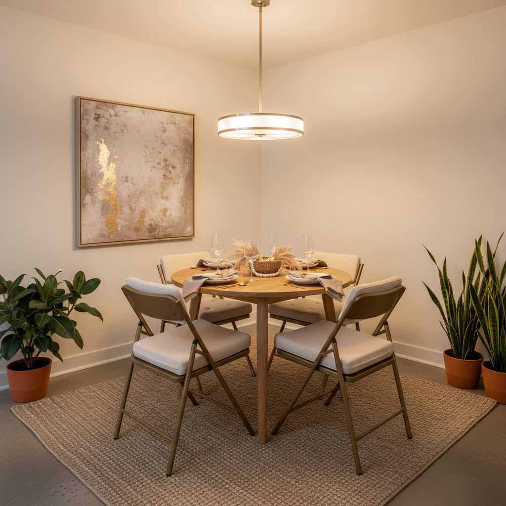 Comfort-focused folding chair setup for dinner guests in a small space