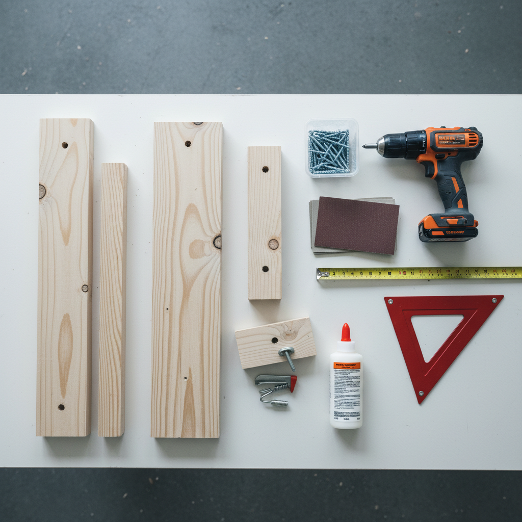 Wood boards, screws, drill, and measuring tools laid out for building a planter stand