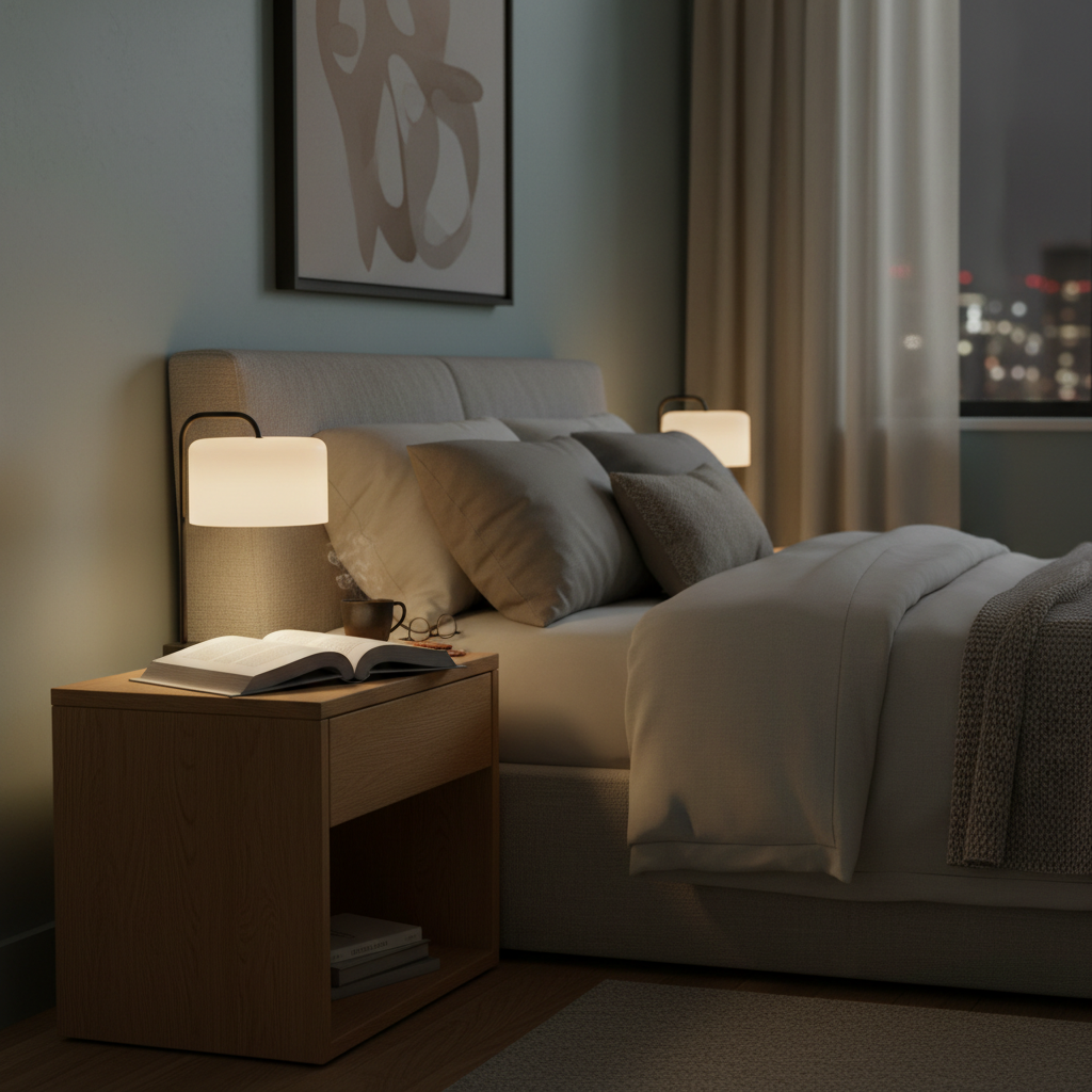 Bedroom nightstand setup with warm dimmable LED lamp and glare-free reading angle