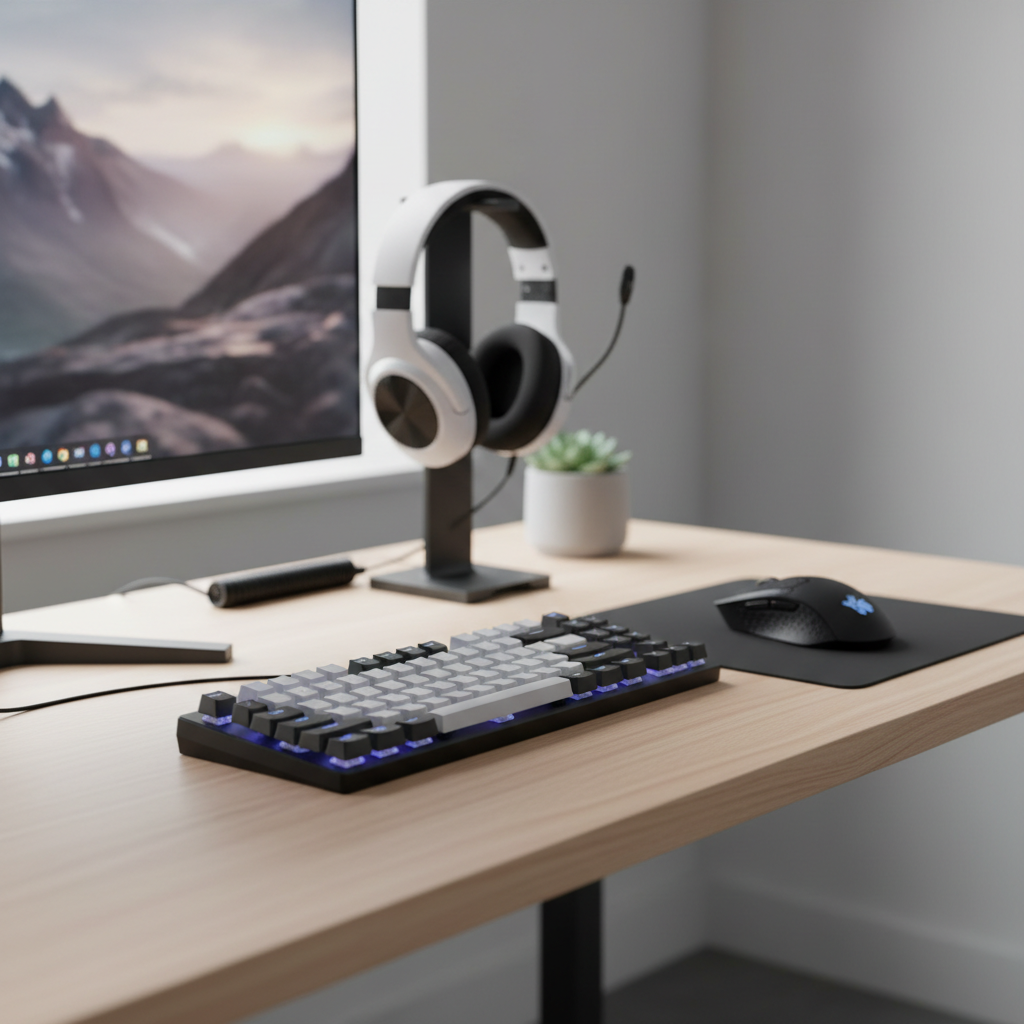 Budget gaming keyboard setup on a desk with mouse and headset