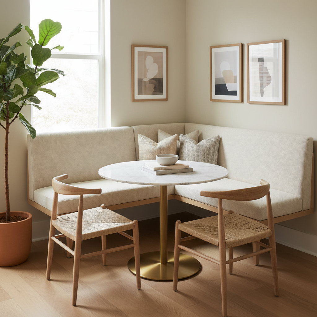 Small apartment corner banquette with a round pedestal dining table