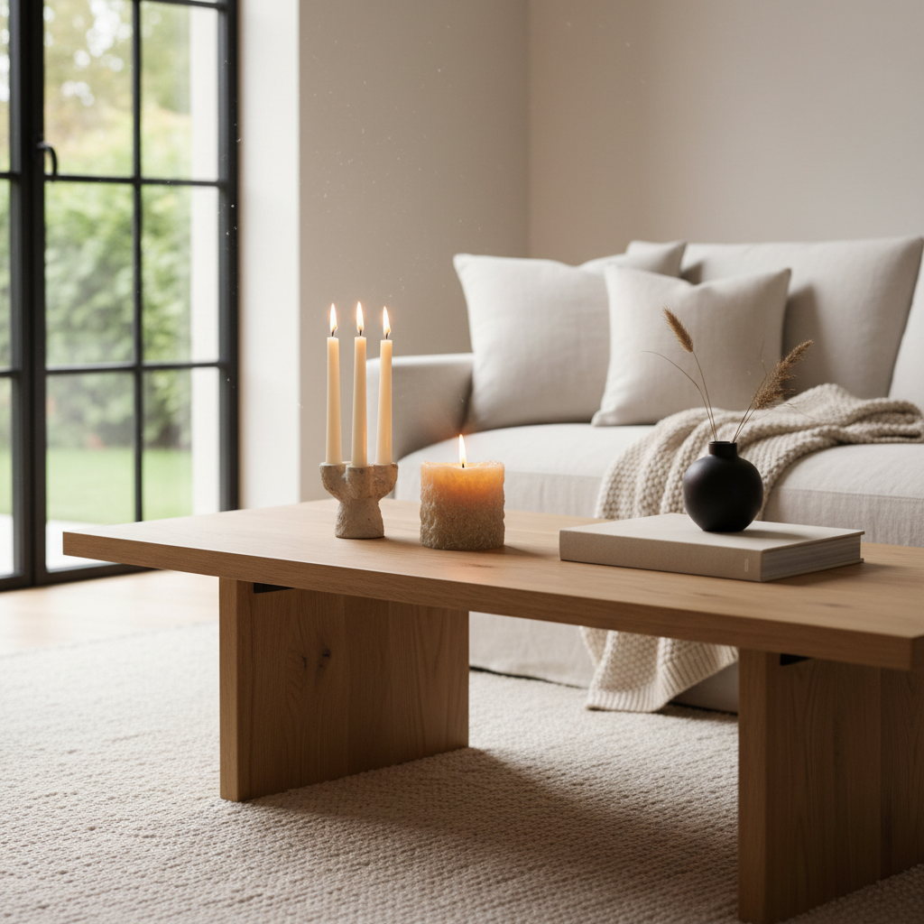 Neutral living room styling with natural beeswax candles on a coffee table
