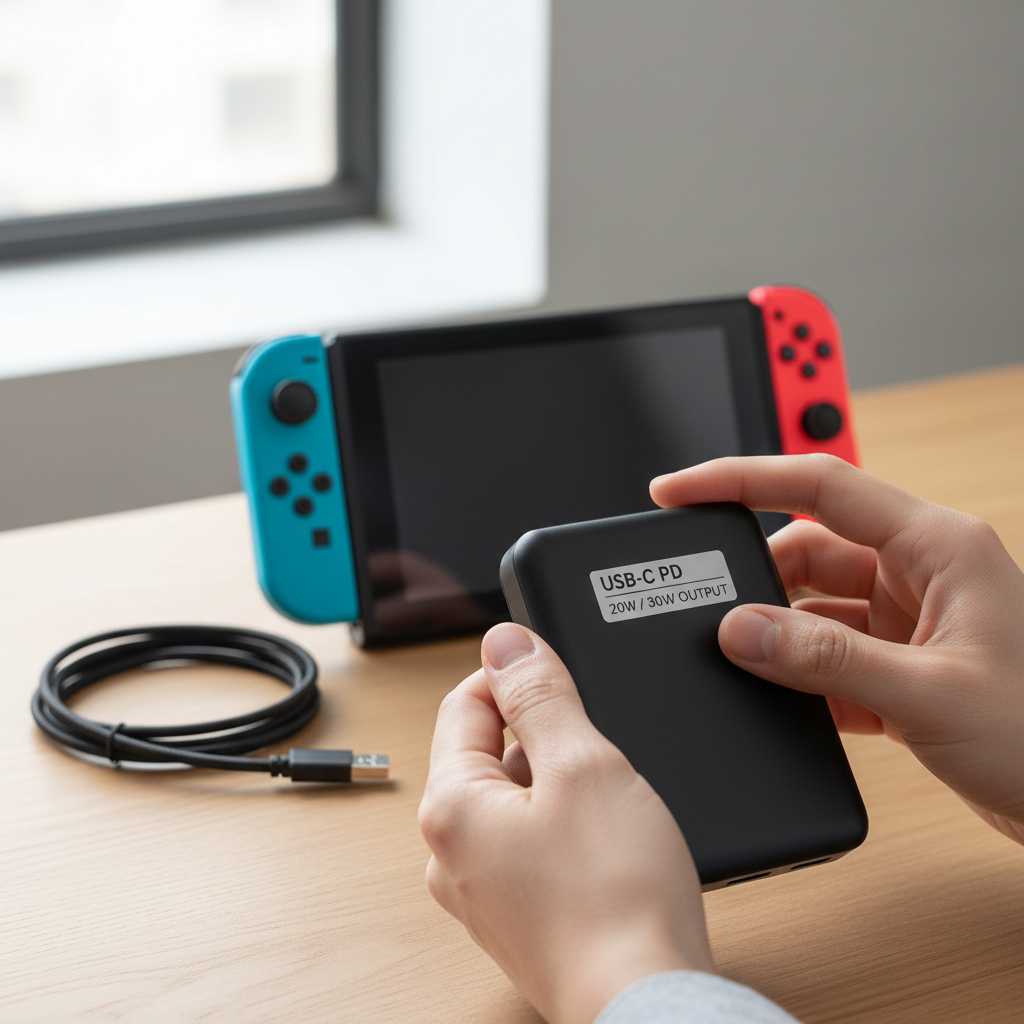 Checking USB-C PD label and wattage on a budget power bank for Nintendo Switch