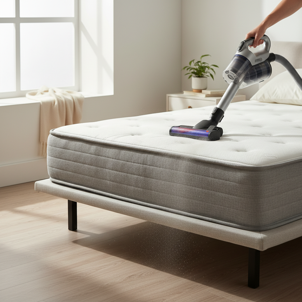 Vacuuming a mattress surface to remove dust and debris before stain treatment
