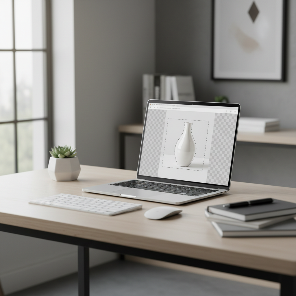 Using an online AI background remover on a laptop for product photos