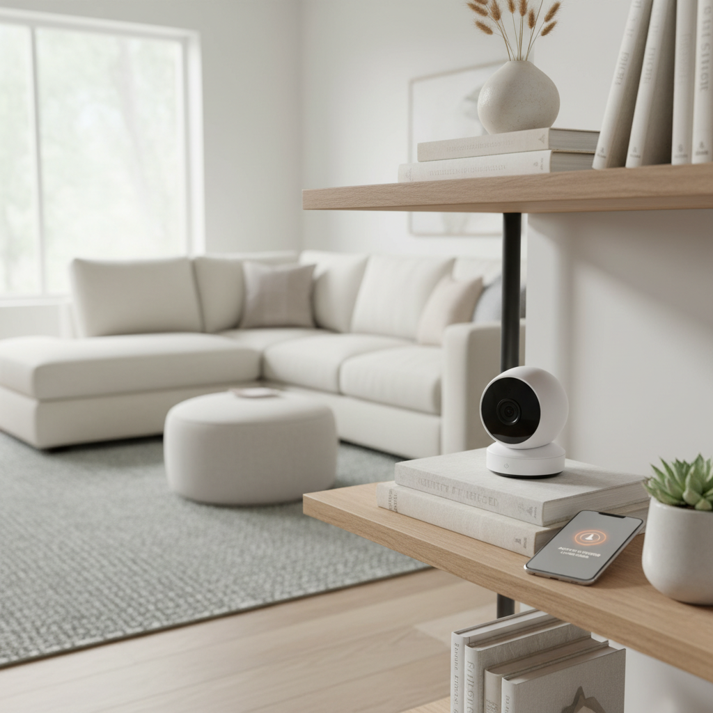 Wireless indoor security camera on a shelf in a modern living room