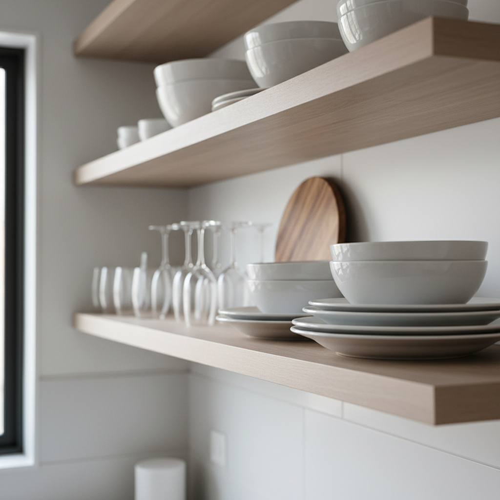 Close-up of open kitchen shelves with cohesive white dishware and minimal accessories