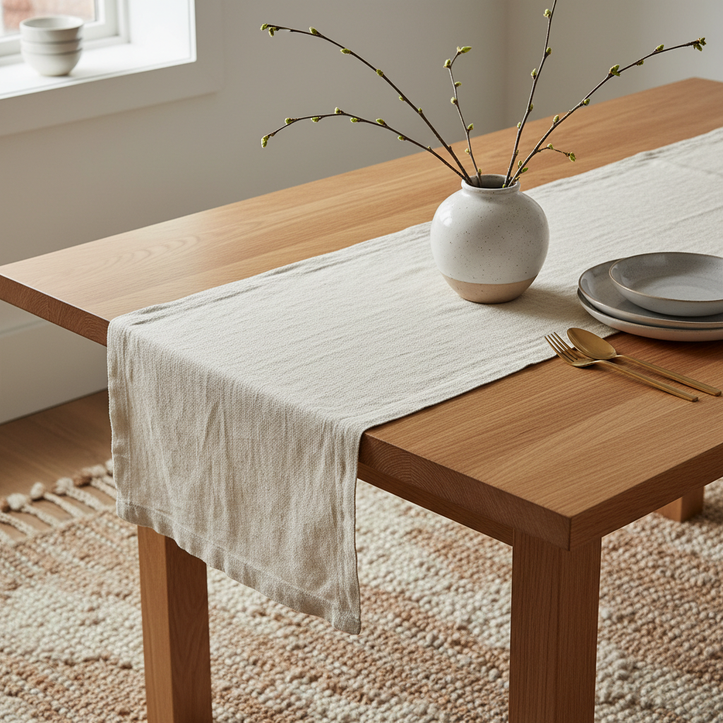 Textured Scandinavian dining room styling with linen runner, ceramic vase, and wool rug