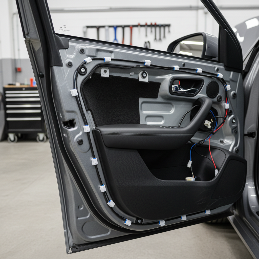 Car door panel removal showing screws and trim clips near inner handle