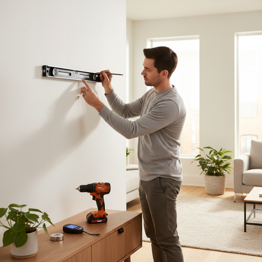 DIYer leveling a floating shelf and marking drill holes on drywall