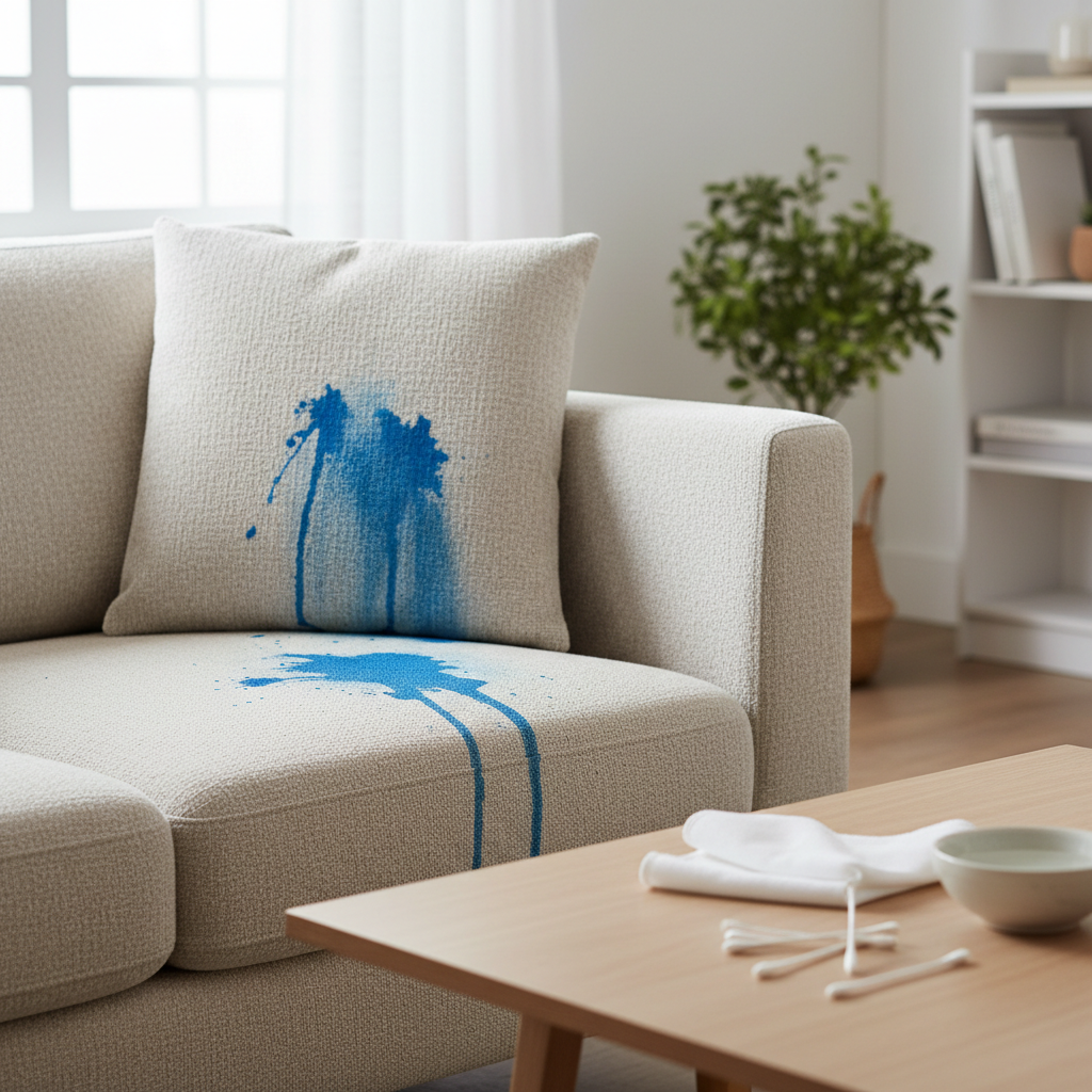 Ink stain on light fabric couch cushion before cleaning