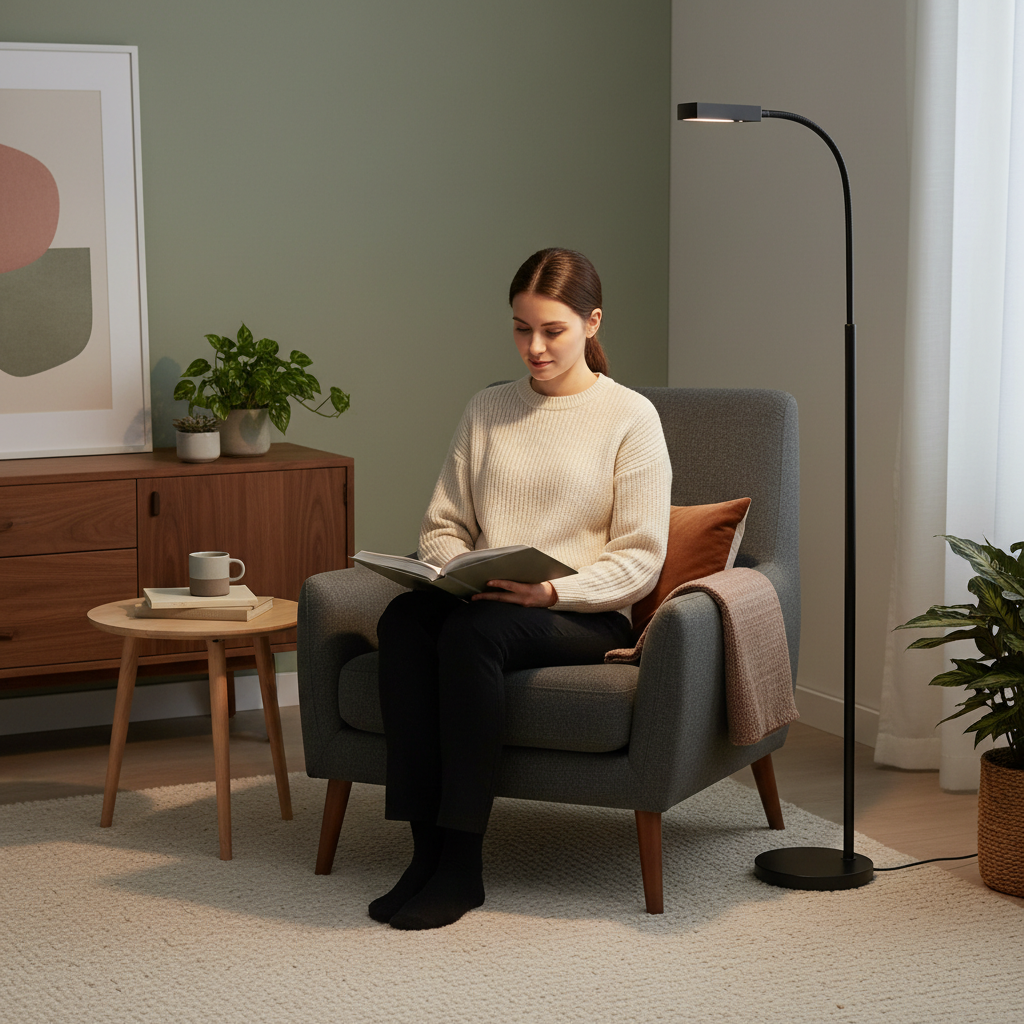 Proper LED floor lamp placement for a reading chair to reduce glare and shadows
