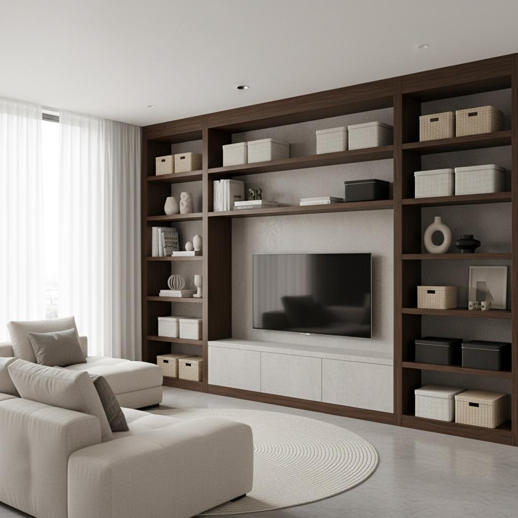 Stylish decorative storage boxes on living room shelves organizing small items