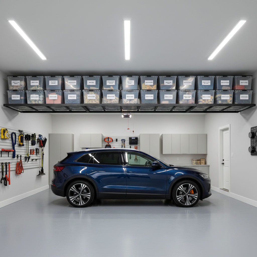 Ceiling-mounted overhead racks storing labeled seasonal bins in a garage