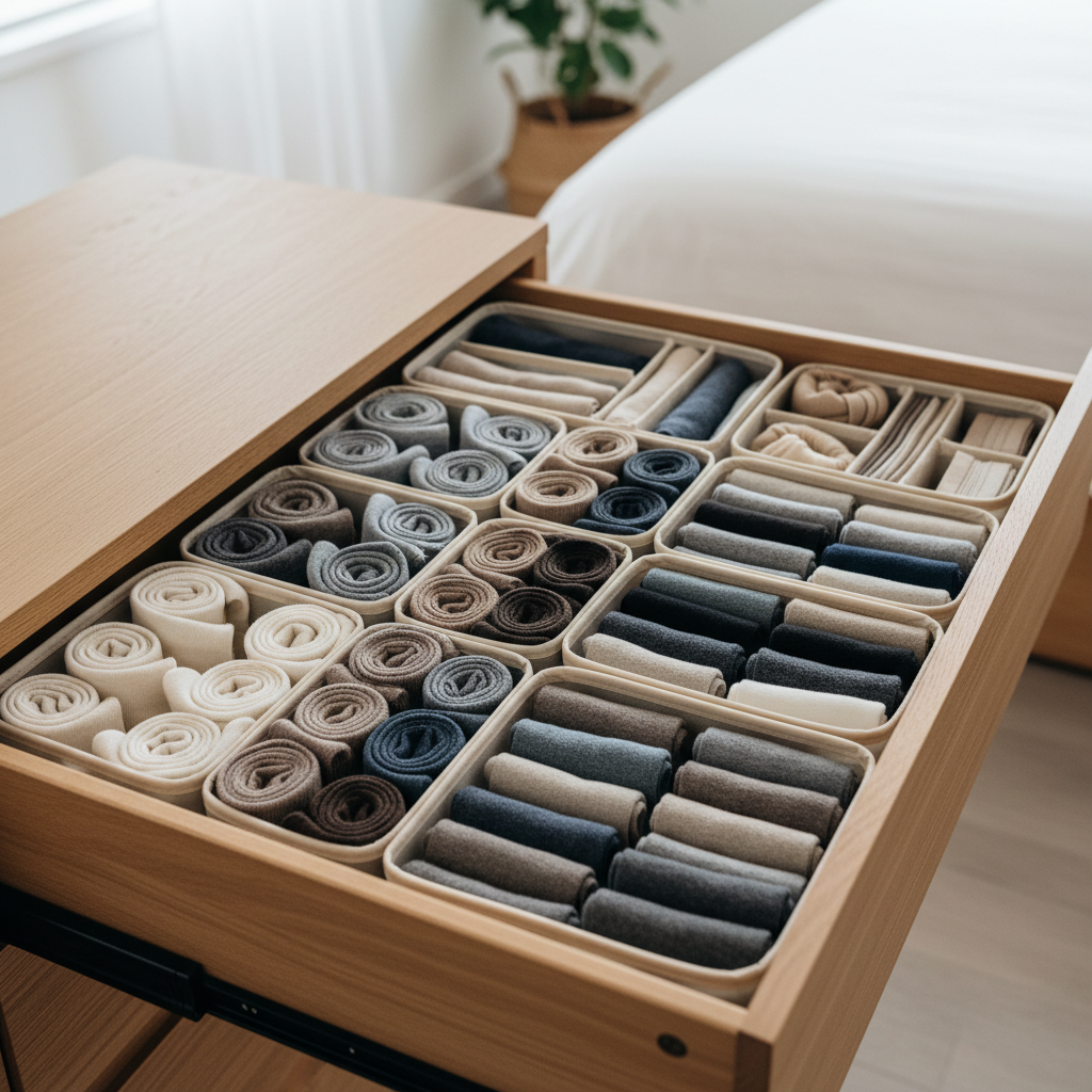 Neatly organized sock and underwear drawer with dividers