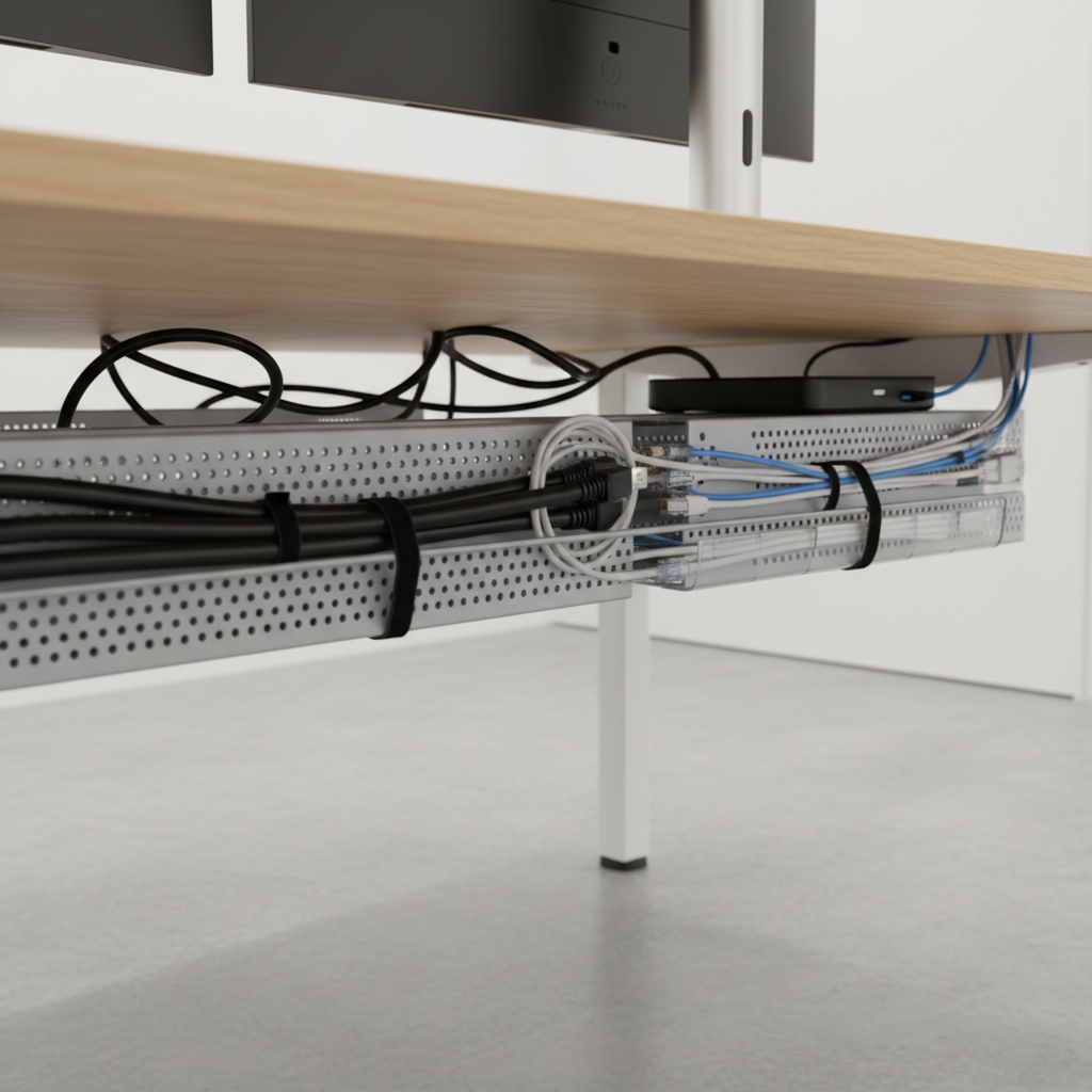Under-desk cable routing with separated power and data cables and tidy slack loops