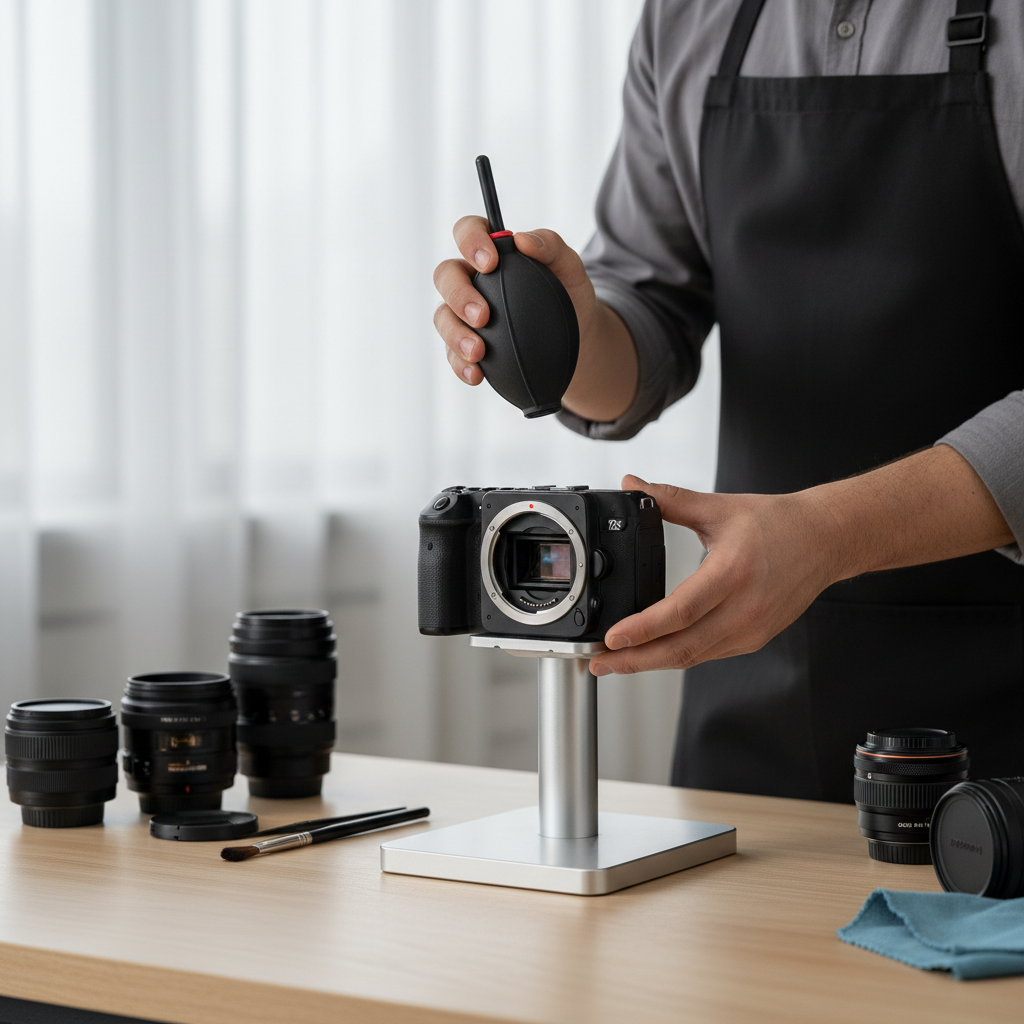 Using a hand blower to remove dust from a DSLR sensor safely