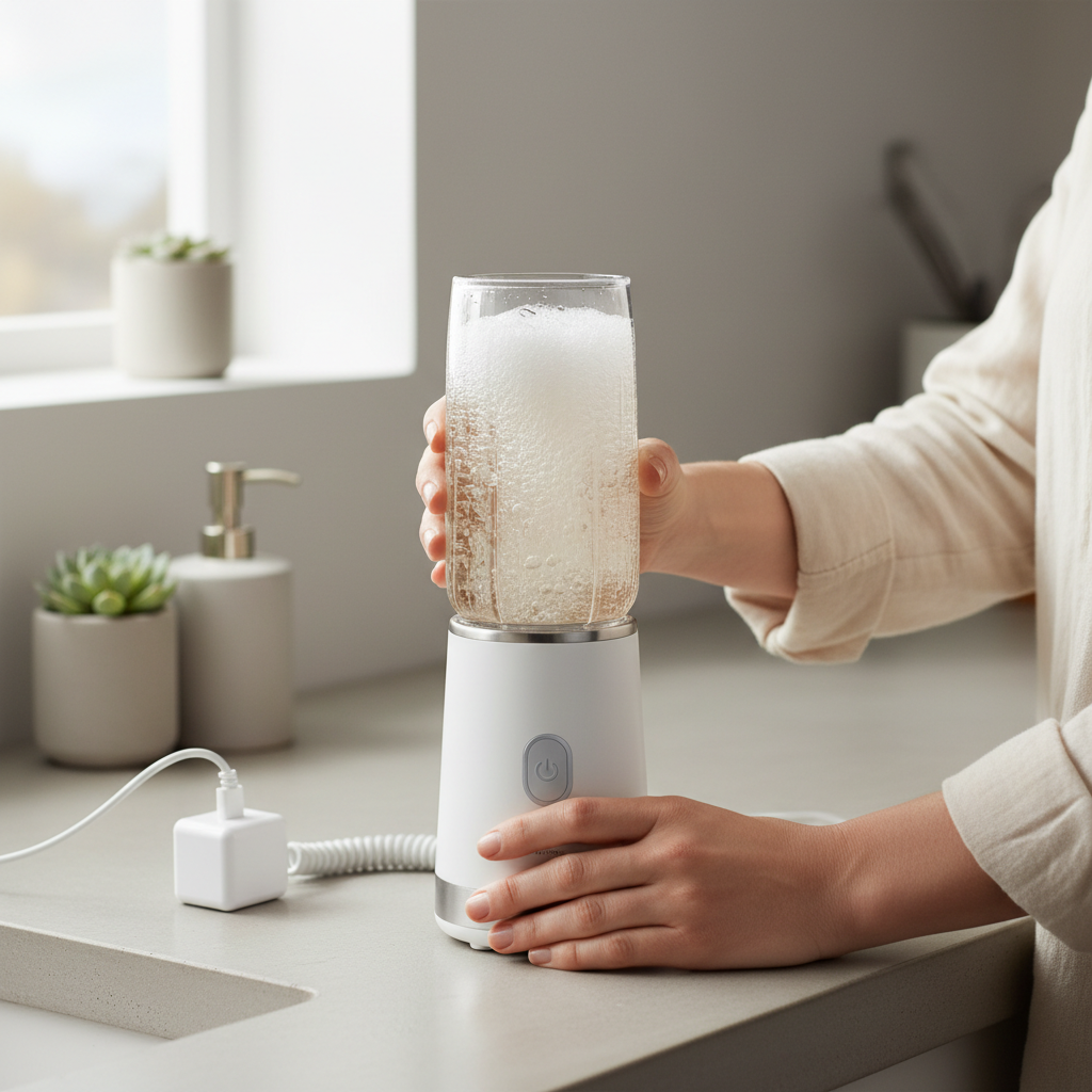 Cleaning a USB portable blender with soap and warm water