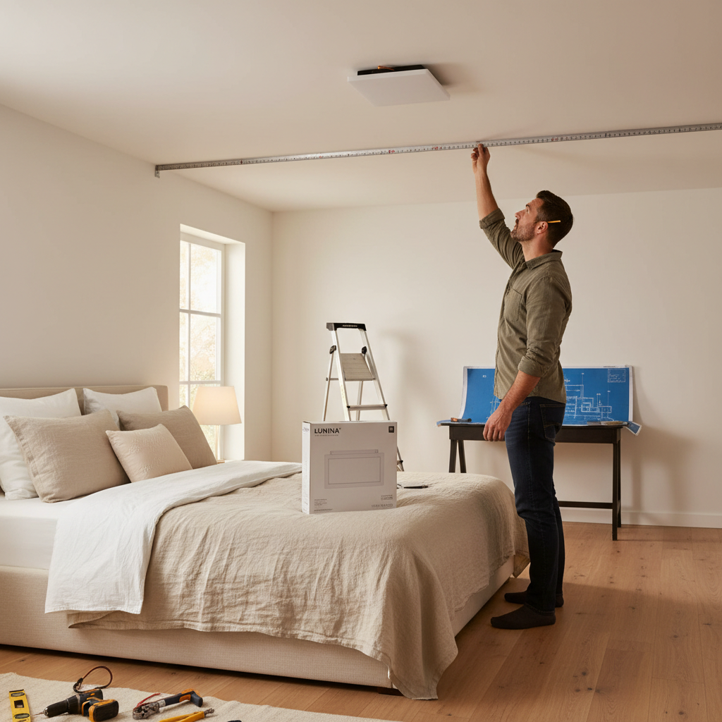 Bedroom ceiling light installation planning with measuring tape and fixture box