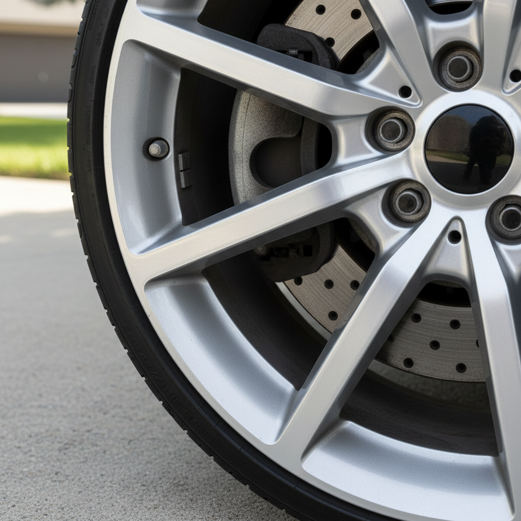 Close-up of brake dust buildup on a silver alloy wheel