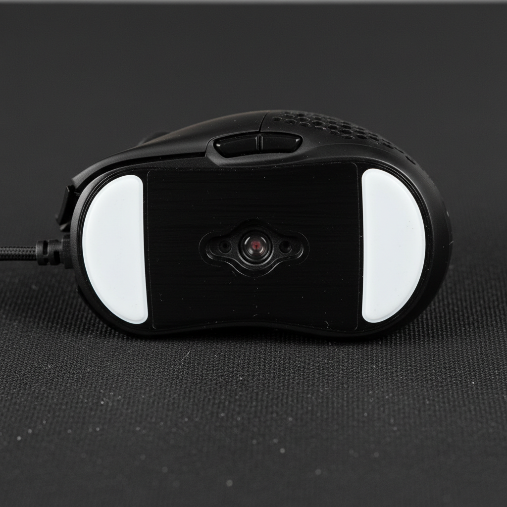 Close-up of a wired gaming mouse sensor and PTFE feet on a mousepad
