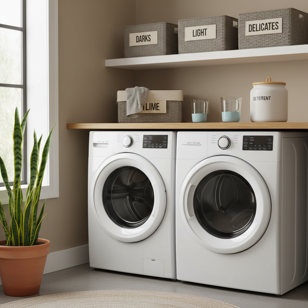 Efficient laundry setup for saving time and water with baskets and measuring tools