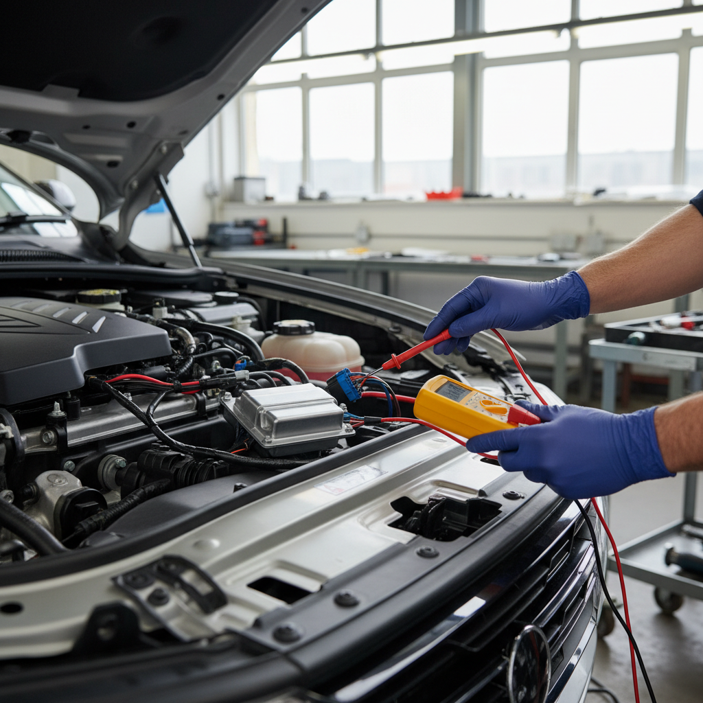 Technician testing HID ballast and headlight wiring with multimeter
