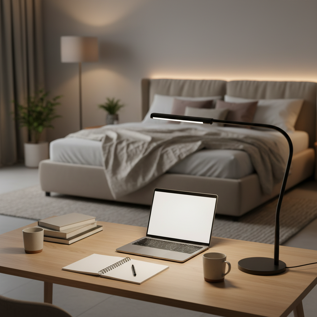 Modern study desk with adjustable LED table lamp and warm ambient bedroom lighting
