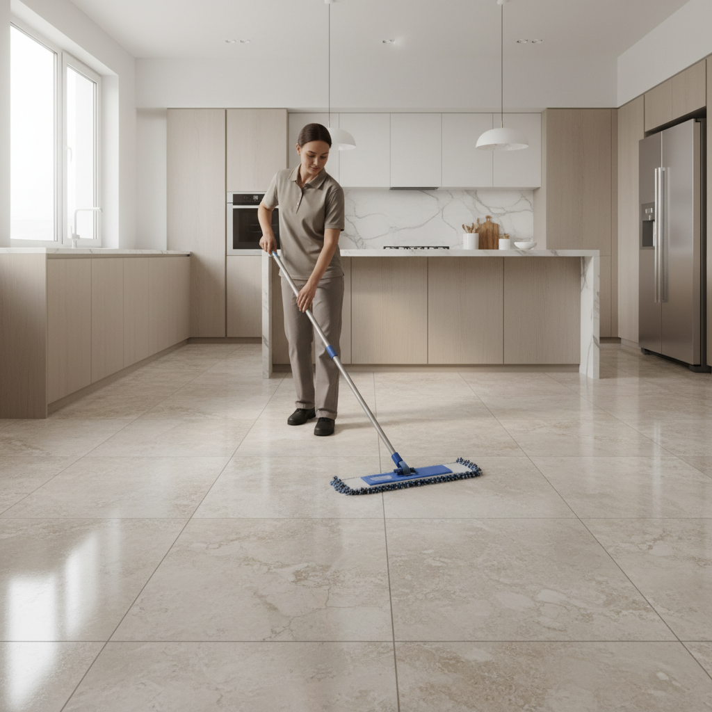 Damp mopping ceramic tile with microfiber mop in a bright kitchen