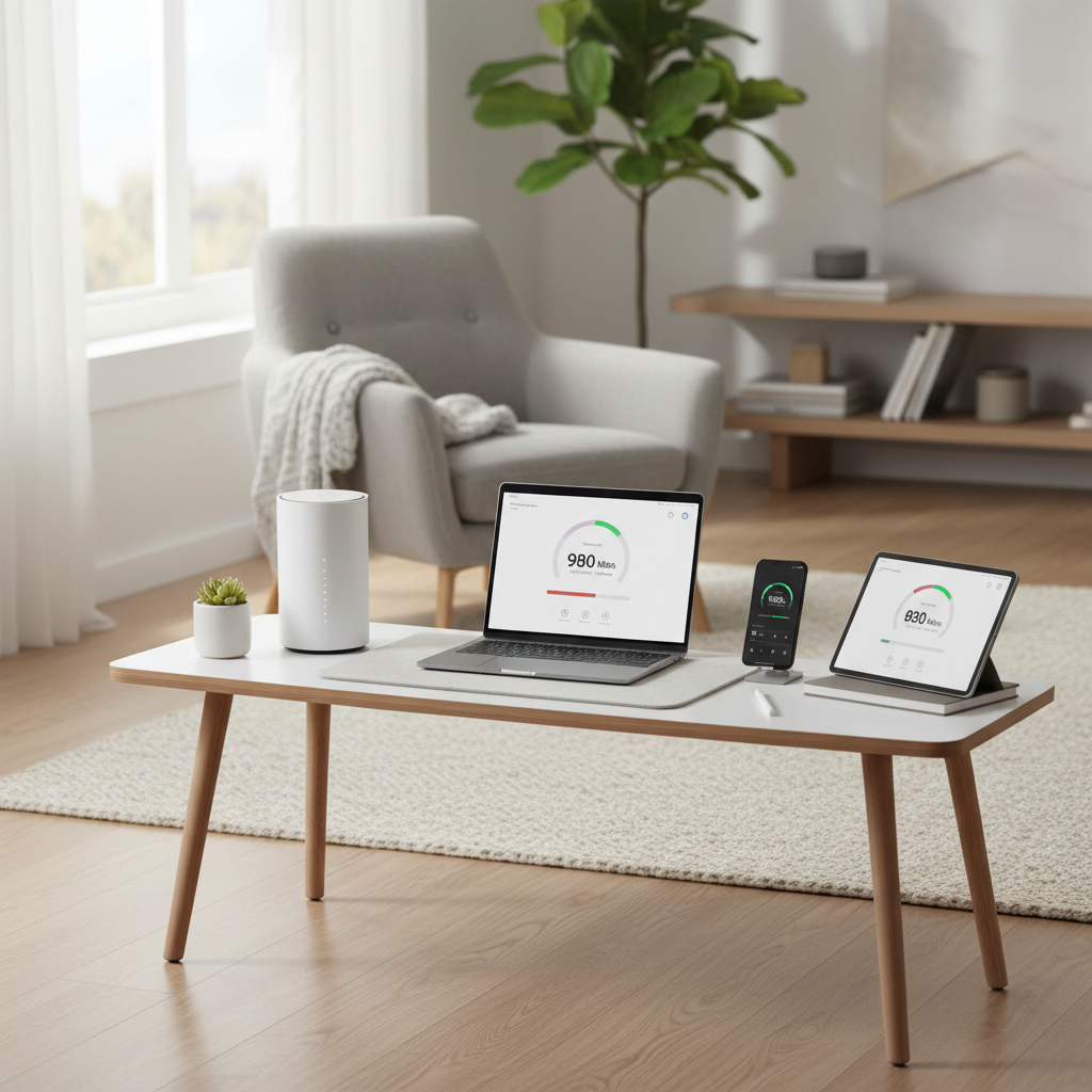 Home WiFi troubleshooting with router and multiple devices showing different speeds