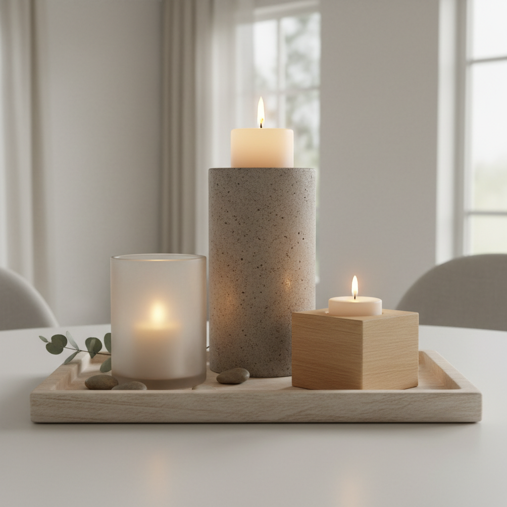 Modern dining table centerpiece with DIY candle holders in varied heights