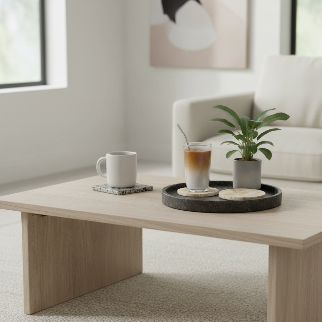 Styling a living room coffee table with coordinated stone coasters and drinks