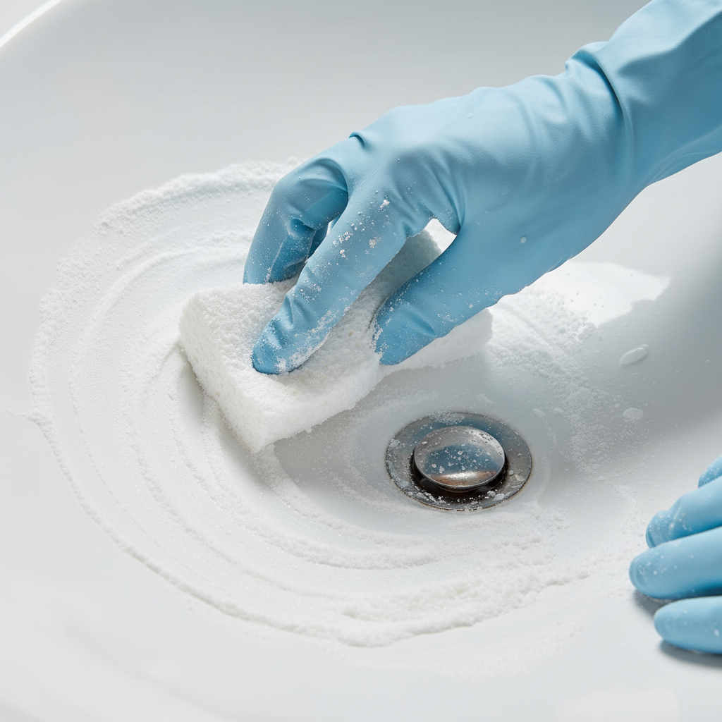 Hands gently scrubbing porcelain sink with baking soda paste using a non-scratch sponge