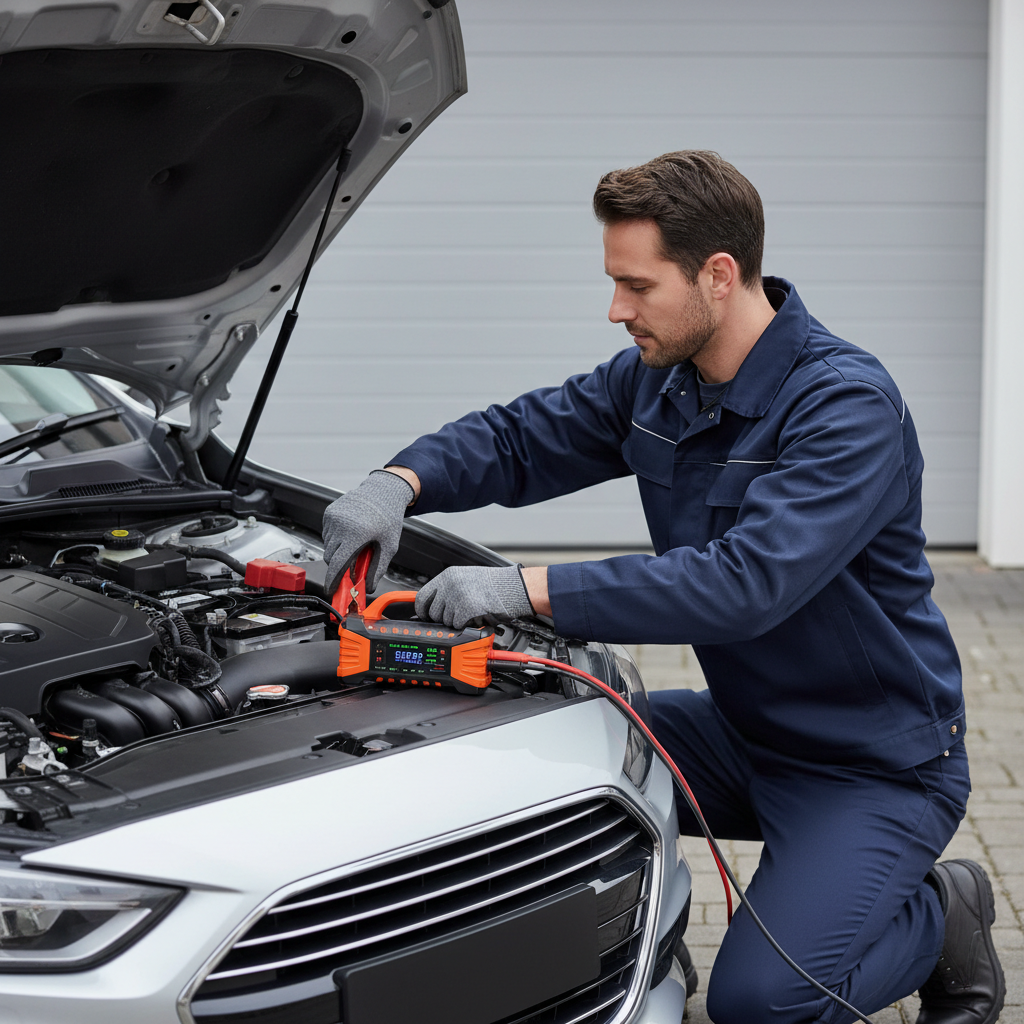 Driver using a portable jump starter safely under the hood