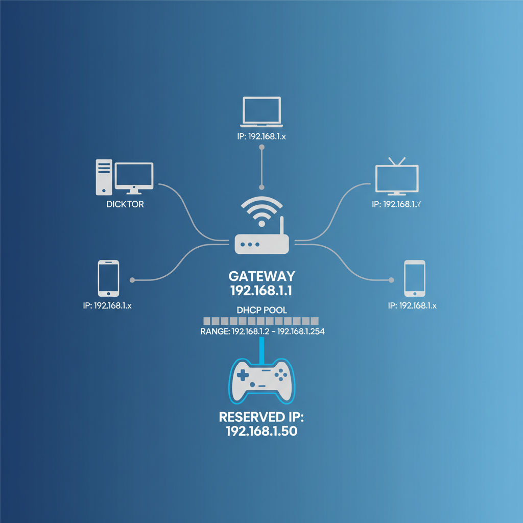 Diagram of home network showing router gateway, DHCP pool, and a reserved static IP device