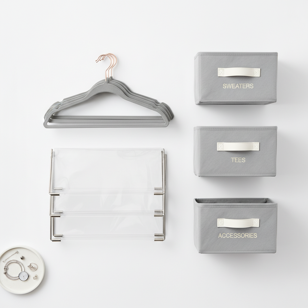 Closet accessories including matching slim hangers, shelf dividers, and labeled storage bins