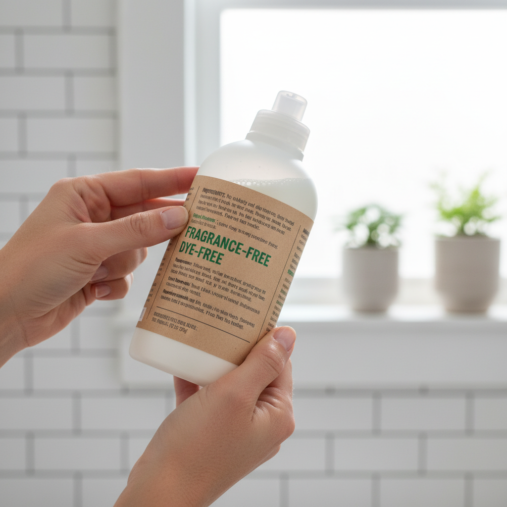 Reading laundry detergent ingredient label for sensitive skin triggers