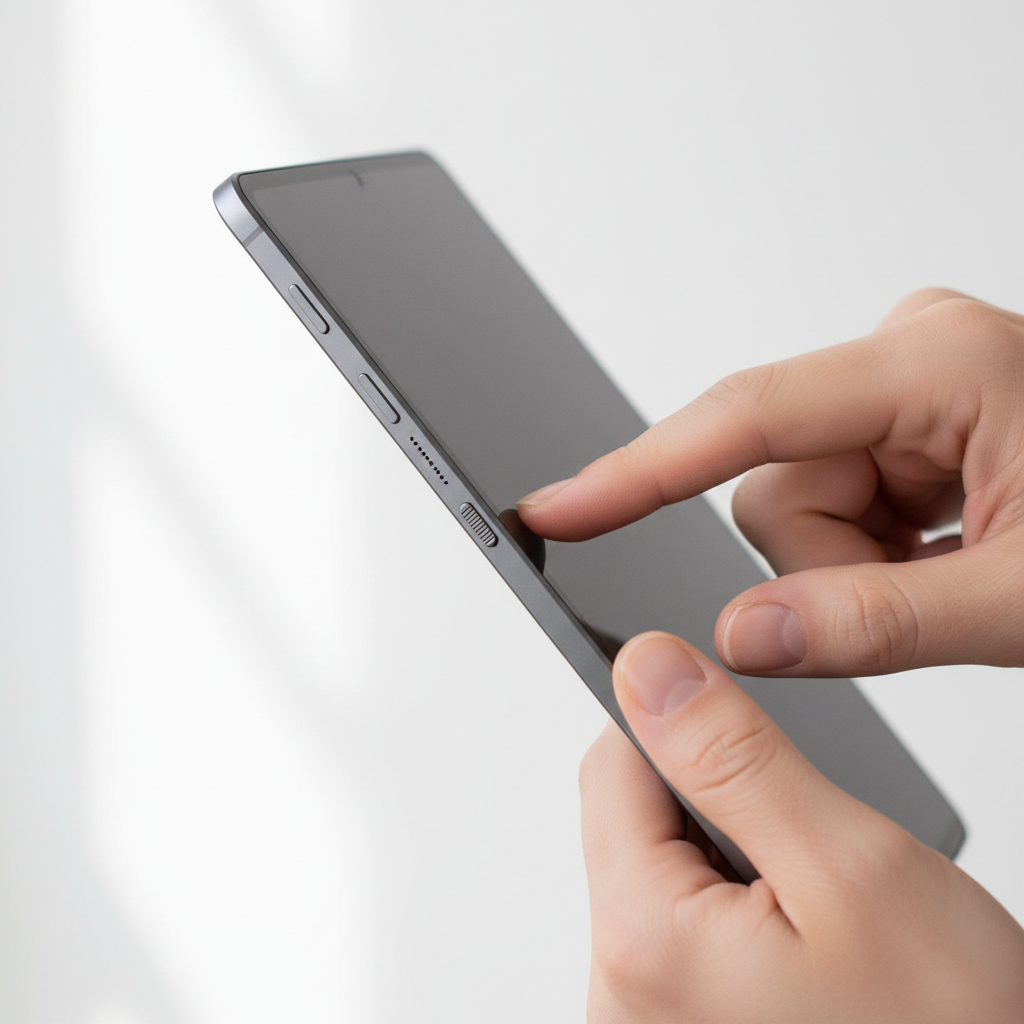 Hands performing a forced restart on a tablet using hardware buttons