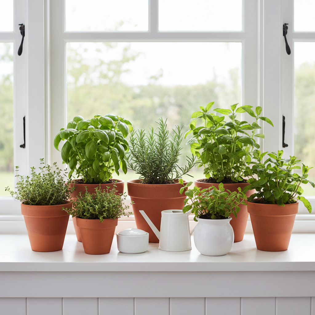 Potted herbs arranged on a sunny kitchen windowsill with varied pot heights