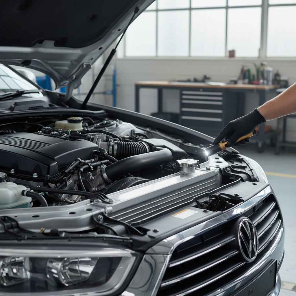Engine bay inspection focusing on radiator, hoses, and coolant reservoir
