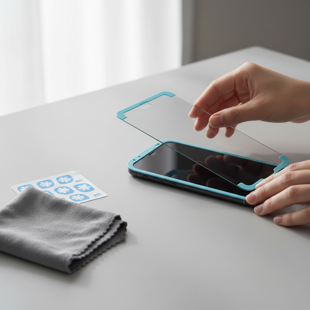 Tempered glass screen protector installation on a smartphone in a clean workspace