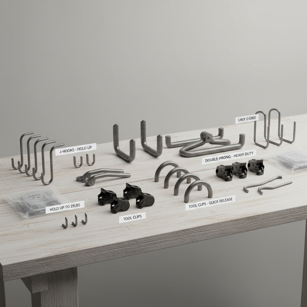 Different wall hook types for garden tools laid out on a workbench