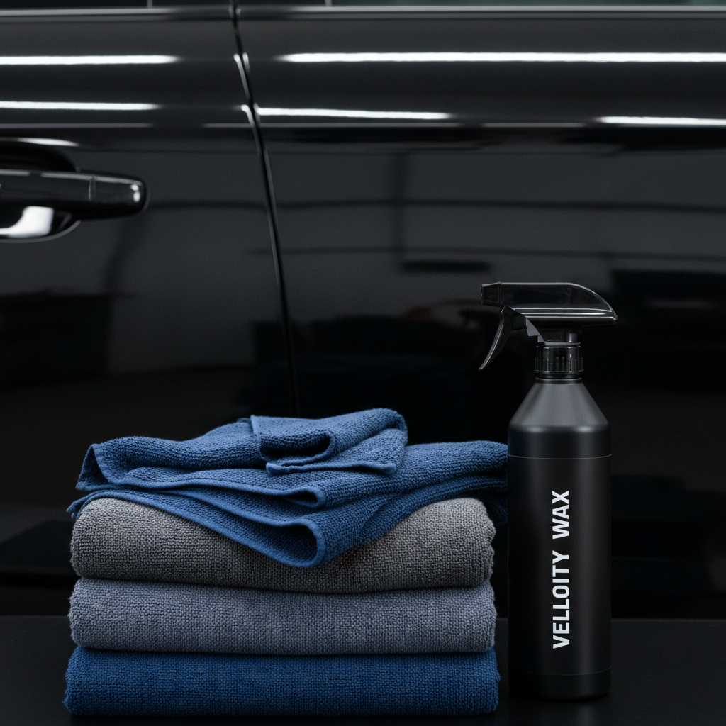 Microfiber towels and spray wax used for safe drying on black paint