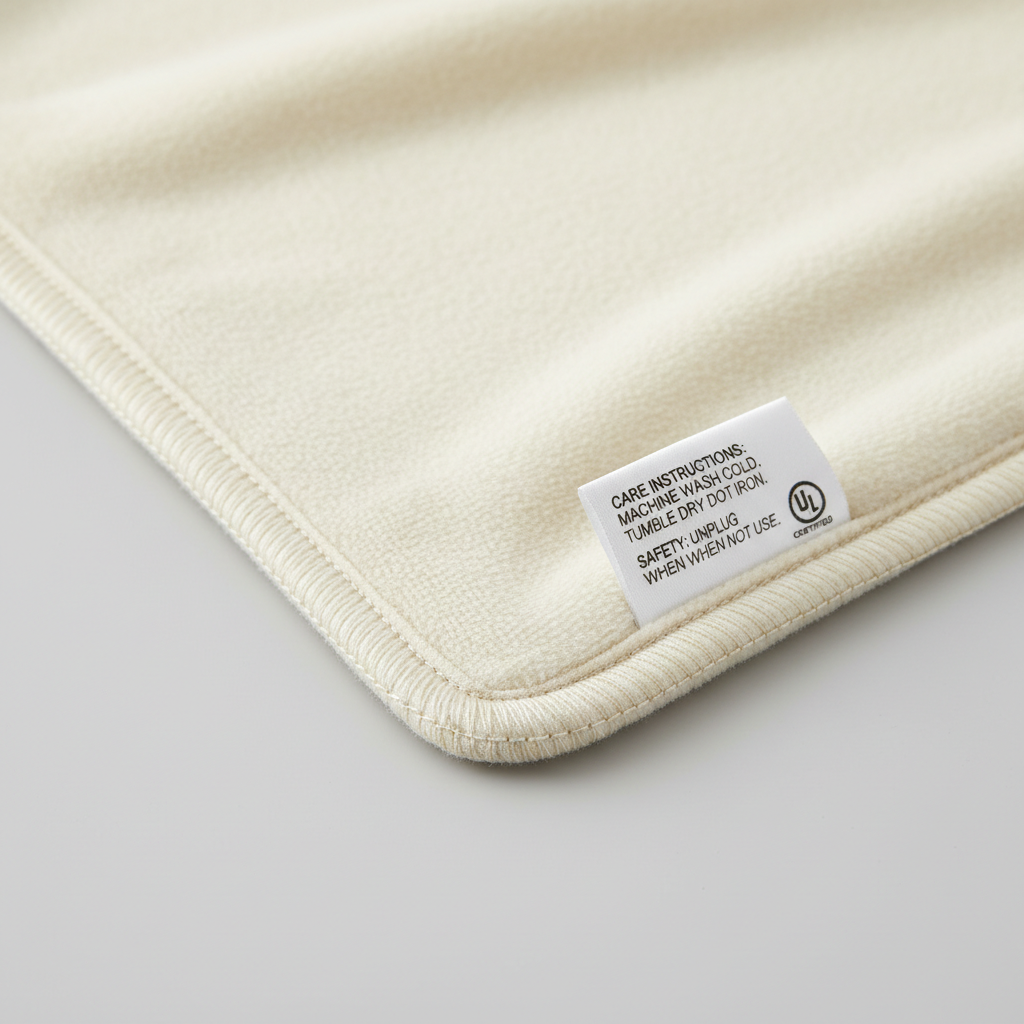 Close-up of heated blanket fabric with safety tag and stitching detail
