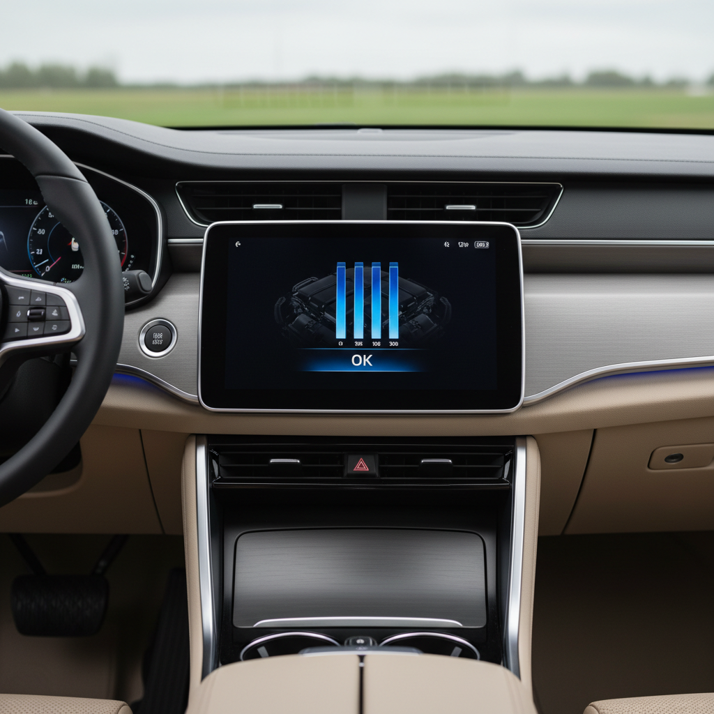 Car dashboard displaying electronic engine oil level bars on infotainment screen