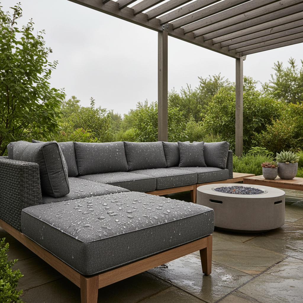 Waterproof outdoor cushion covers on a patio sectional after rain
