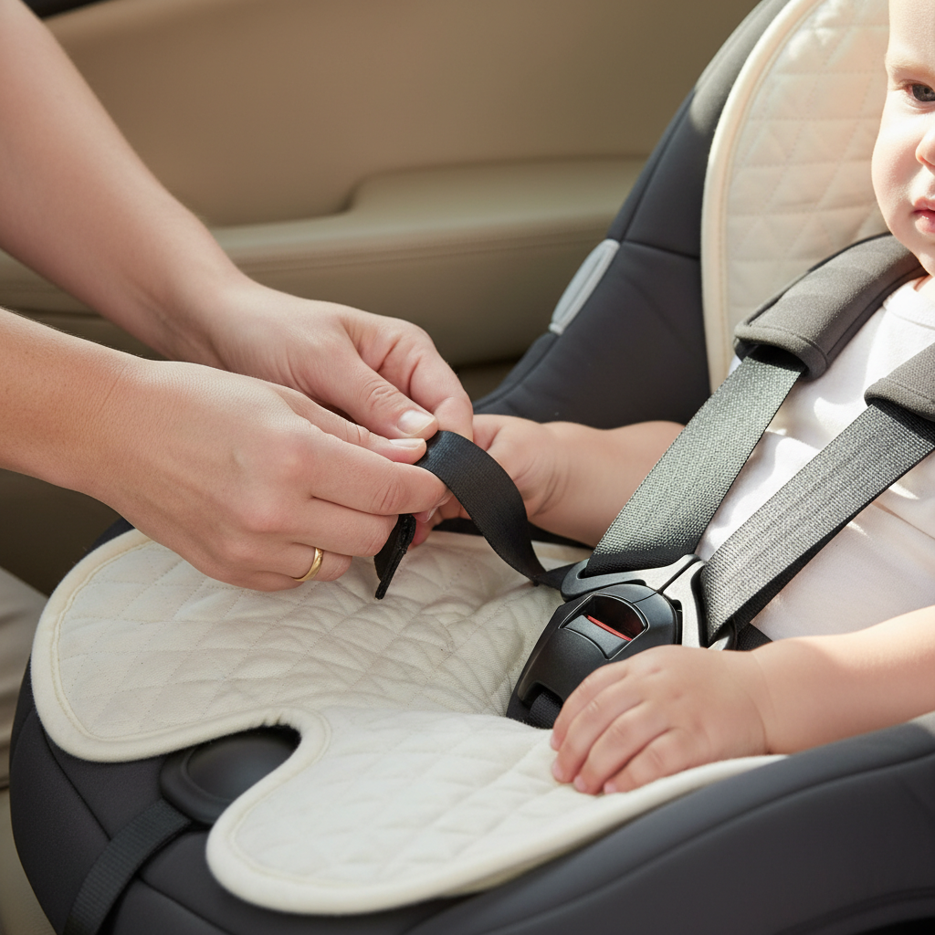Parent checking car seat harness pinch test over a thin seat liner
