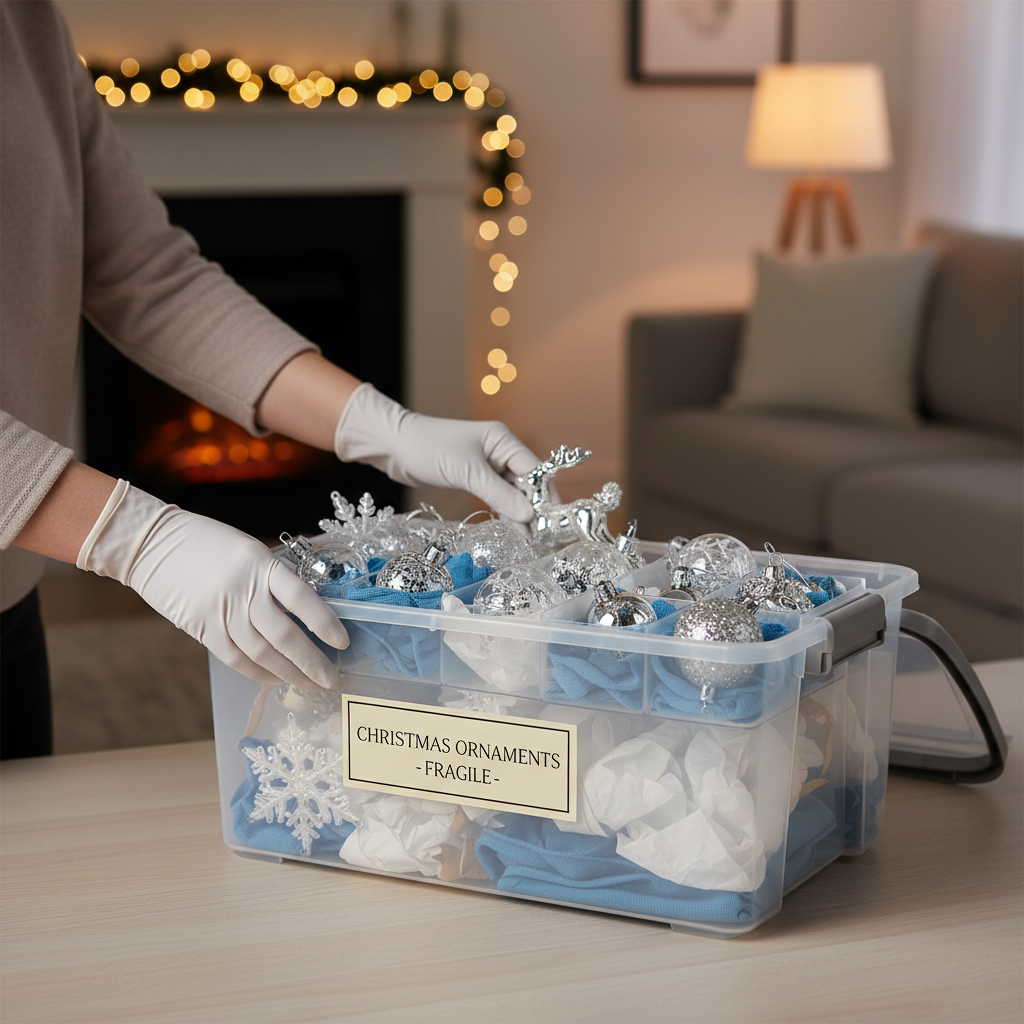 Christmas ornaments packed in divided trays with tissue and labeled storage box
